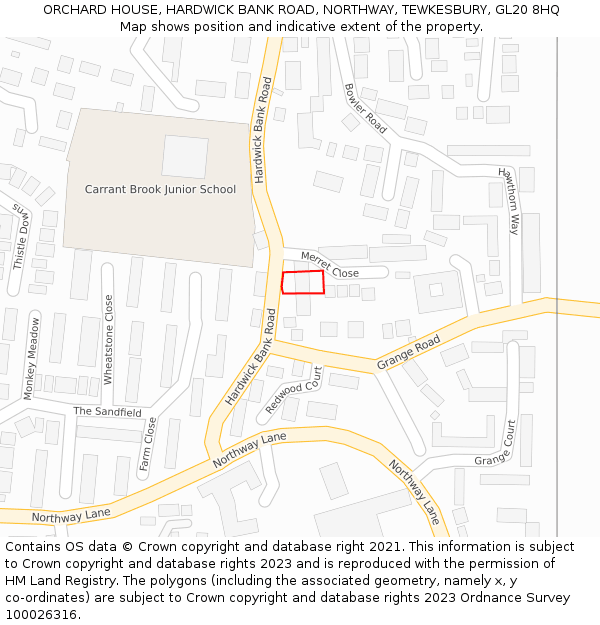 ORCHARD HOUSE, HARDWICK BANK ROAD, NORTHWAY, TEWKESBURY, GL20 8HQ: Location map and indicative extent of plot