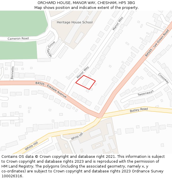 ORCHARD HOUSE, MANOR WAY, CHESHAM, HP5 3BG: Location map and indicative extent of plot