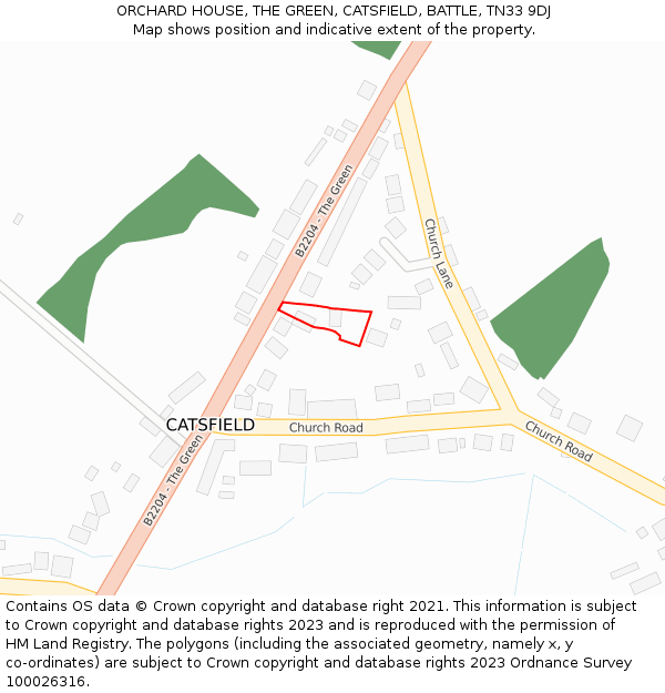 ORCHARD HOUSE, THE GREEN, CATSFIELD, BATTLE, TN33 9DJ: Location map and indicative extent of plot