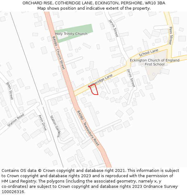 ORCHARD RISE, COTHERIDGE LANE, ECKINGTON, PERSHORE, WR10 3BA: Location map and indicative extent of plot