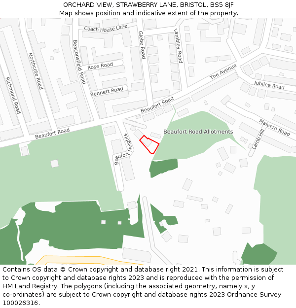 ORCHARD VIEW, STRAWBERRY LANE, BRISTOL, BS5 8JF: Location map and indicative extent of plot