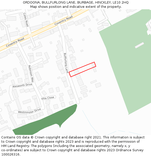 ORDOONA, BULLFURLONG LANE, BURBAGE, HINCKLEY, LE10 2HQ: Location map and indicative extent of plot