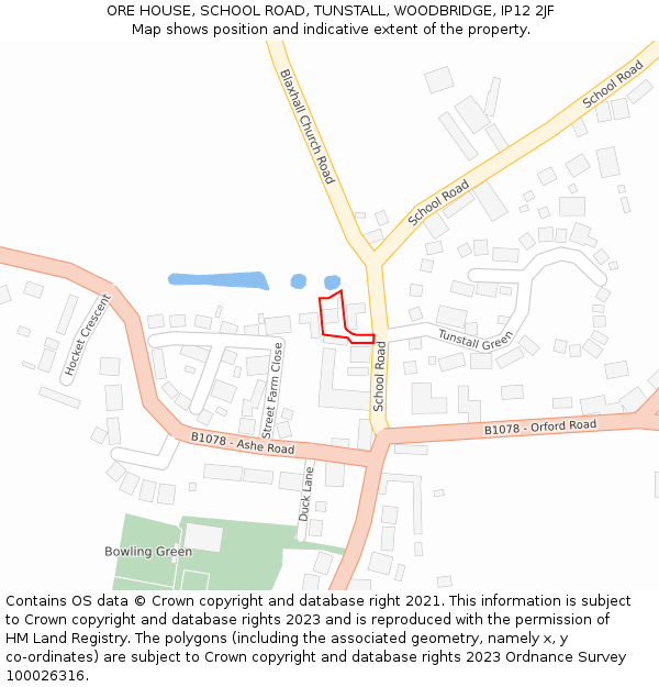 ORE HOUSE, SCHOOL ROAD, TUNSTALL, WOODBRIDGE, IP12 2JF: Location map and indicative extent of plot