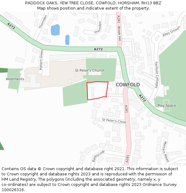 PADDOCK OAKS, YEW TREE CLOSE, COWFOLD, HORSHAM, RH13 8BZ: Location map and indicative extent of plot