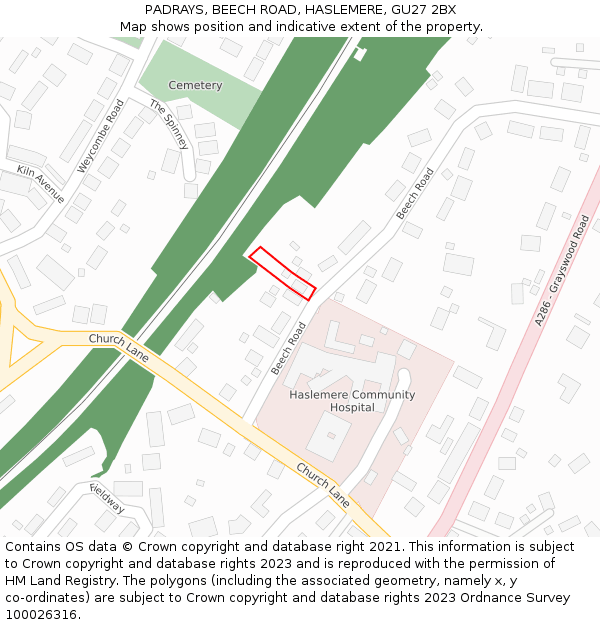 PADRAYS, BEECH ROAD, HASLEMERE, GU27 2BX: Location map and indicative extent of plot