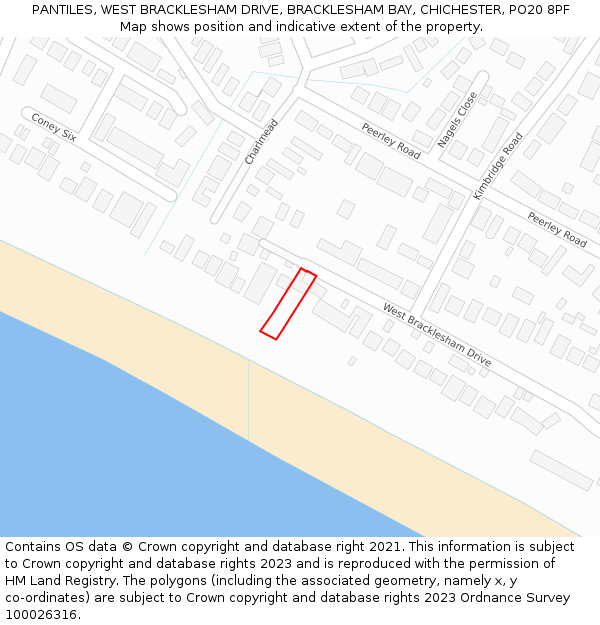 PANTILES, WEST BRACKLESHAM DRIVE, BRACKLESHAM BAY, CHICHESTER, PO20 8PF: Location map and indicative extent of plot