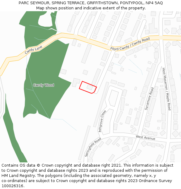 PARC SEYMOUR, SPRING TERRACE, GRIFFITHSTOWN, PONTYPOOL, NP4 5AQ: Location map and indicative extent of plot