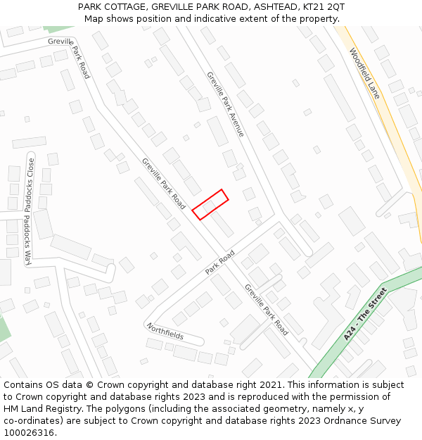 PARK COTTAGE, GREVILLE PARK ROAD, ASHTEAD, KT21 2QT: Location map and indicative extent of plot