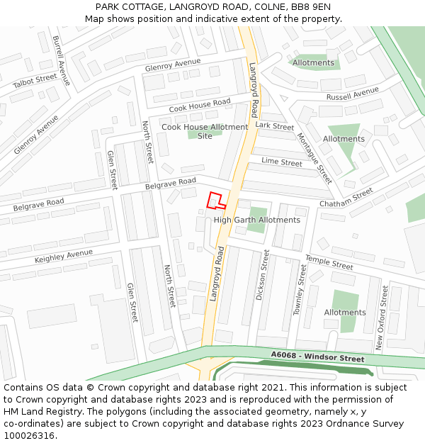 PARK COTTAGE, LANGROYD ROAD, COLNE, BB8 9EN: Location map and indicative extent of plot