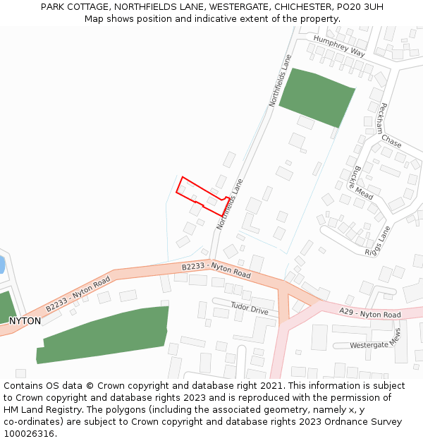 PARK COTTAGE, NORTHFIELDS LANE, WESTERGATE, CHICHESTER, PO20 3UH: Location map and indicative extent of plot