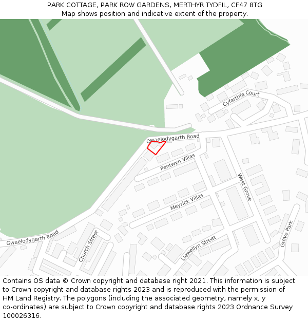 PARK COTTAGE, PARK ROW GARDENS, MERTHYR TYDFIL, CF47 8TG: Location map and indicative extent of plot