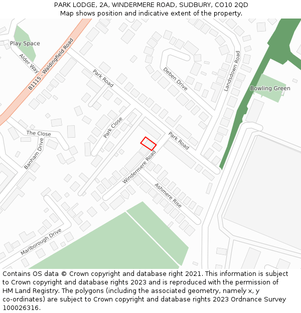 PARK LODGE, 2A, WINDERMERE ROAD, SUDBURY, CO10 2QD: Location map and indicative extent of plot