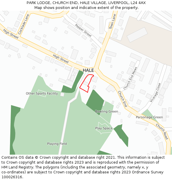 PARK LODGE, CHURCH END, HALE VILLAGE, LIVERPOOL, L24 4AX: Location map and indicative extent of plot
