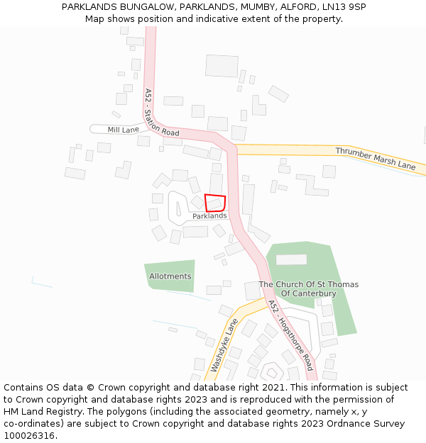 PARKLANDS BUNGALOW, PARKLANDS, MUMBY, ALFORD, LN13 9SP: Location map and indicative extent of plot