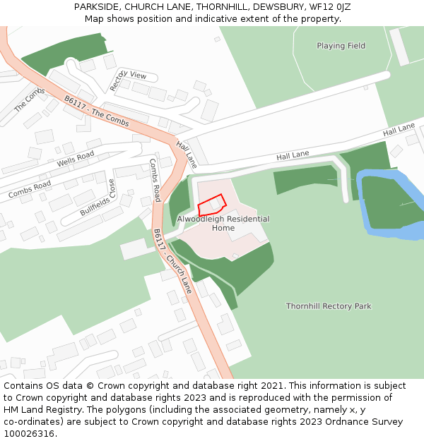 PARKSIDE, CHURCH LANE, THORNHILL, DEWSBURY, WF12 0JZ: Location map and indicative extent of plot