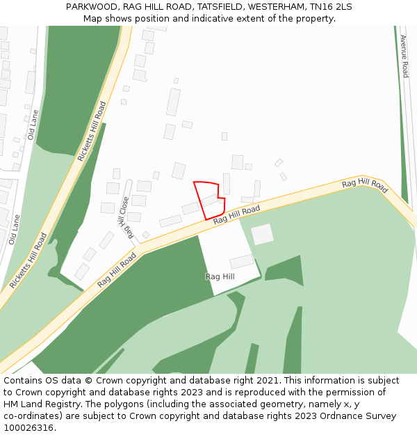 PARKWOOD, RAG HILL ROAD, TATSFIELD, WESTERHAM, TN16 2LS: Location map and indicative extent of plot