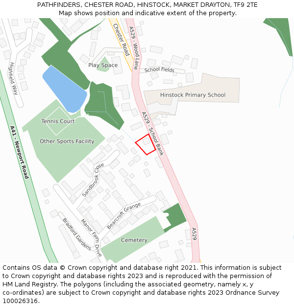 PATHFINDERS, CHESTER ROAD, HINSTOCK, MARKET DRAYTON, TF9 2TE: Location map and indicative extent of plot