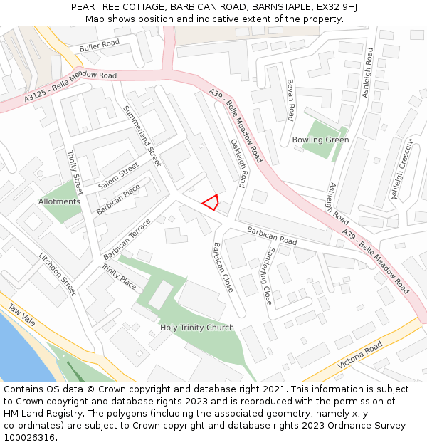 PEAR TREE COTTAGE, BARBICAN ROAD, BARNSTAPLE, EX32 9HJ: Location map and indicative extent of plot