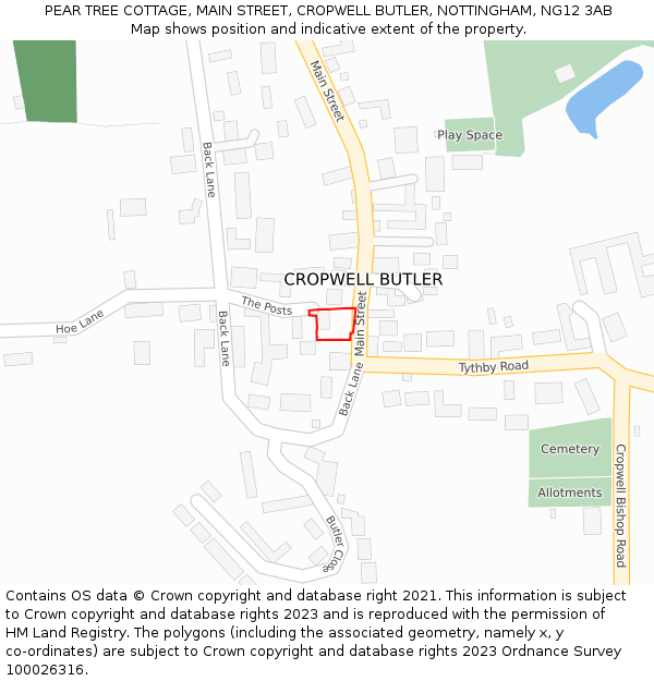 PEAR TREE COTTAGE, MAIN STREET, CROPWELL BUTLER, NOTTINGHAM, NG12 3AB: Location map and indicative extent of plot