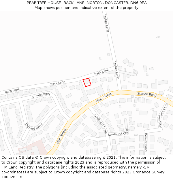PEAR TREE HOUSE, BACK LANE, NORTON, DONCASTER, DN6 9EA: Location map and indicative extent of plot