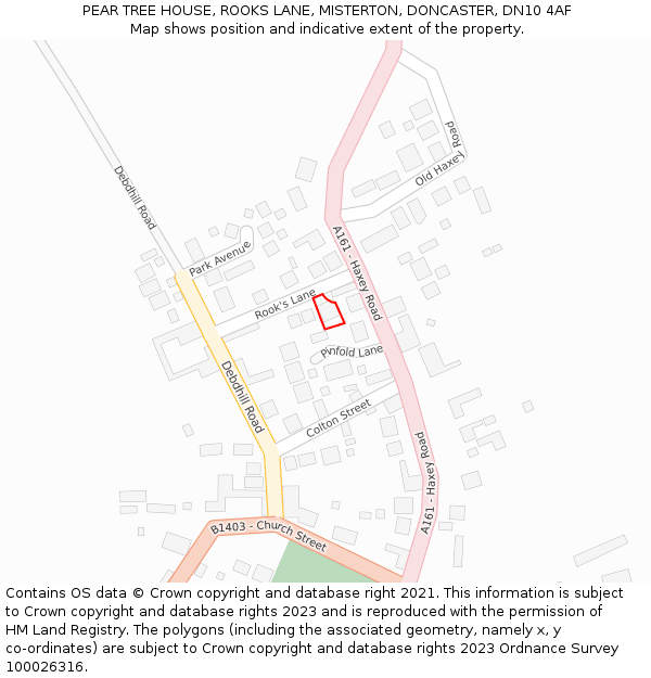 PEAR TREE HOUSE, ROOKS LANE, MISTERTON, DONCASTER, DN10 4AF: Location map and indicative extent of plot
