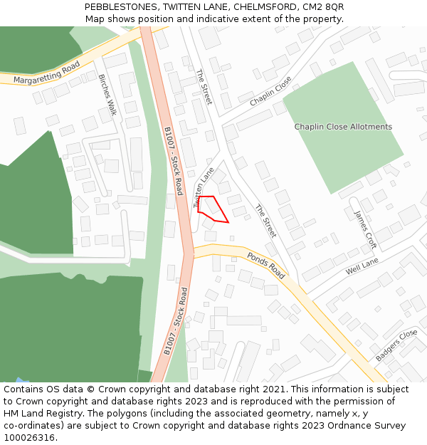 PEBBLESTONES, TWITTEN LANE, CHELMSFORD, CM2 8QR: Location map and indicative extent of plot