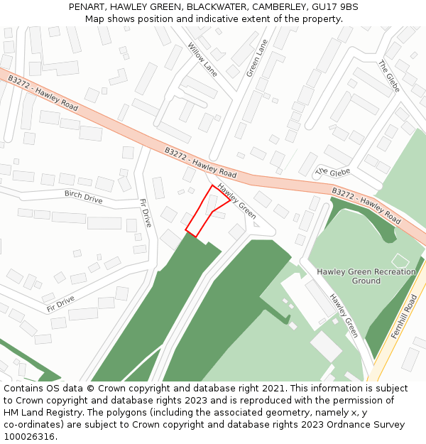 PENART, HAWLEY GREEN, BLACKWATER, CAMBERLEY, GU17 9BS: Location map and indicative extent of plot