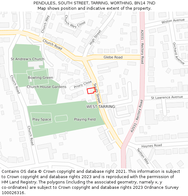 PENDULES, SOUTH STREET, TARRING, WORTHING, BN14 7ND: Location map and indicative extent of plot