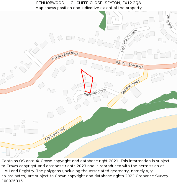 PENHORWOOD, HIGHCLIFFE CLOSE, SEATON, EX12 2QA: Location map and indicative extent of plot