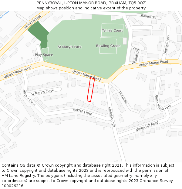 PENNYROYAL, UPTON MANOR ROAD, BRIXHAM, TQ5 9QZ: Location map and indicative extent of plot