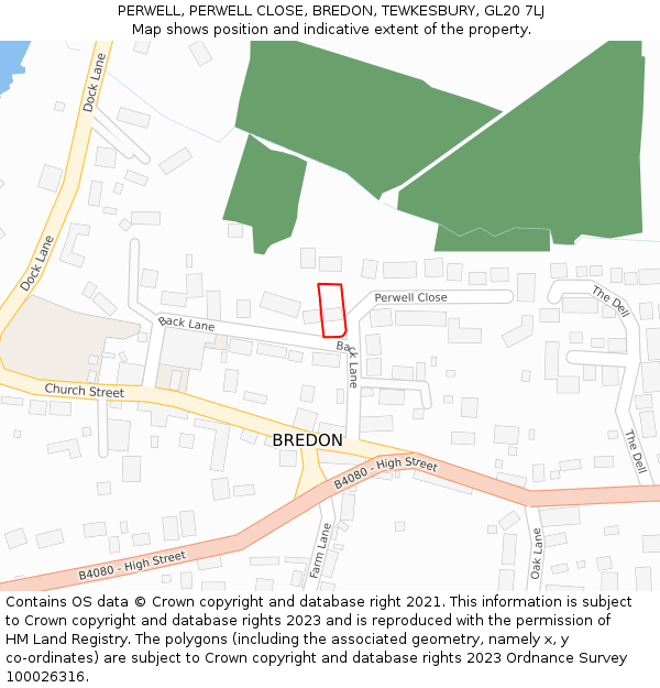 PERWELL, PERWELL CLOSE, BREDON, TEWKESBURY, GL20 7LJ: Location map and indicative extent of plot