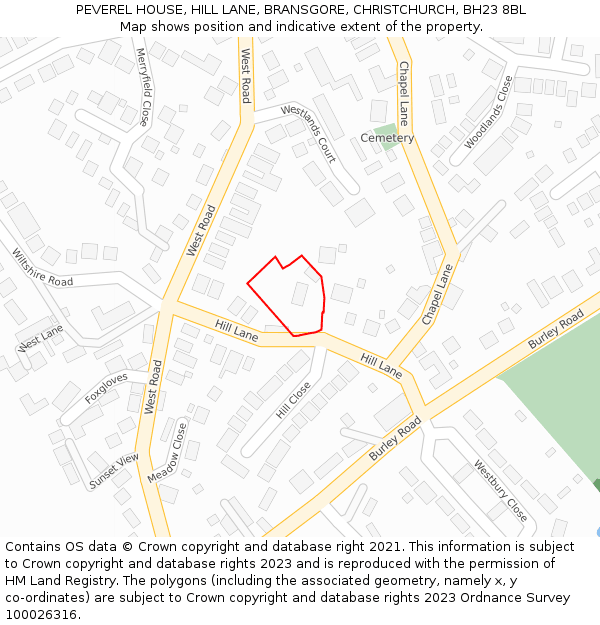 PEVEREL HOUSE, HILL LANE, BRANSGORE, CHRISTCHURCH, BH23 8BL: Location map and indicative extent of plot