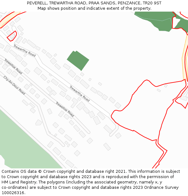 PEVERELL, TREWARTHA ROAD, PRAA SANDS, PENZANCE, TR20 9ST: Location map and indicative extent of plot