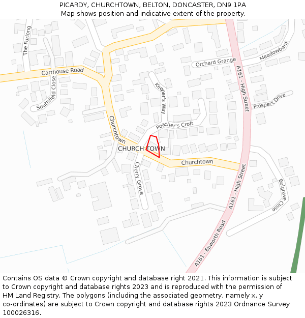 PICARDY, CHURCHTOWN, BELTON, DONCASTER, DN9 1PA: Location map and indicative extent of plot
