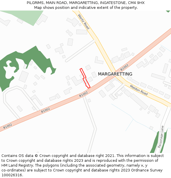 PILGRIMS, MAIN ROAD, MARGARETTING, INGATESTONE, CM4 9HX: Location map and indicative extent of plot