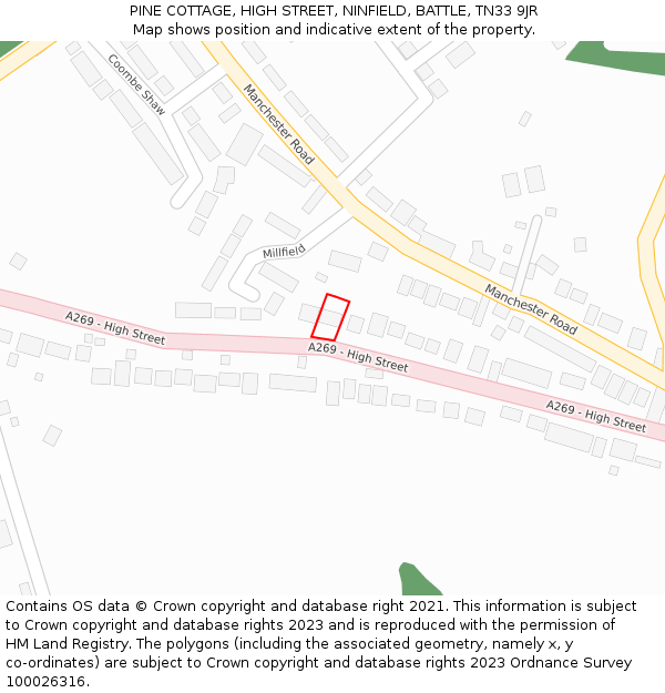 PINE COTTAGE, HIGH STREET, NINFIELD, BATTLE, TN33 9JR: Location map and indicative extent of plot
