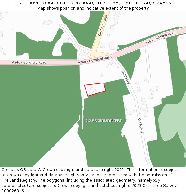 PINE GROVE LODGE, GUILDFORD ROAD, EFFINGHAM, LEATHERHEAD, KT24 5SA: Location map and indicative extent of plot