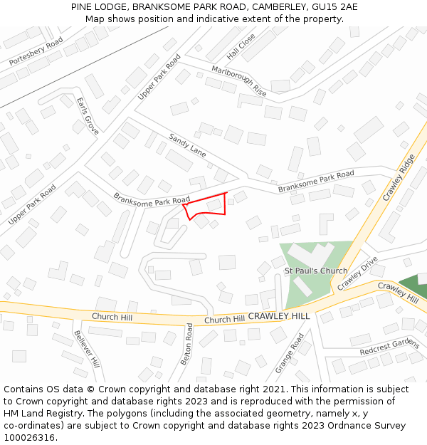 PINE LODGE, BRANKSOME PARK ROAD, CAMBERLEY, GU15 2AE: Location map and indicative extent of plot