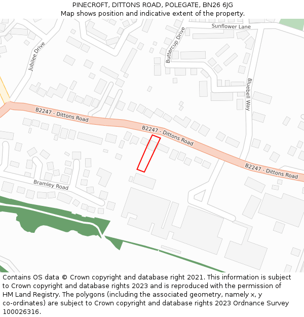 PINECROFT, DITTONS ROAD, POLEGATE, BN26 6JG: Location map and indicative extent of plot