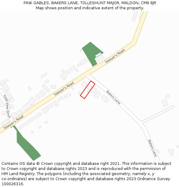 PINK GABLES, BAKERS LANE, TOLLESHUNT MAJOR, MALDON, CM9 8JR: Location map and indicative extent of plot