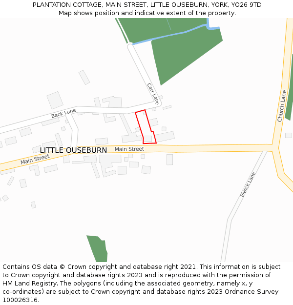PLANTATION COTTAGE, MAIN STREET, LITTLE OUSEBURN, YORK, YO26 9TD: Location map and indicative extent of plot