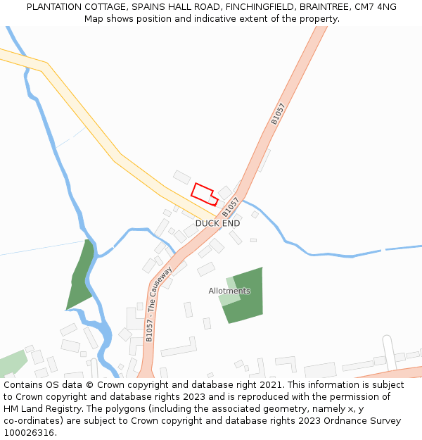 PLANTATION COTTAGE, SPAINS HALL ROAD, FINCHINGFIELD, BRAINTREE, CM7 4NG: Location map and indicative extent of plot