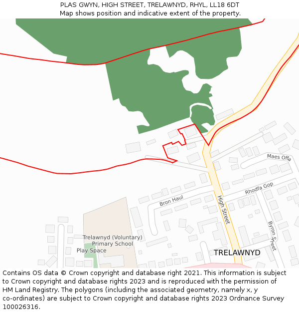 PLAS GWYN, HIGH STREET, TRELAWNYD, RHYL, LL18 6DT: Location map and indicative extent of plot