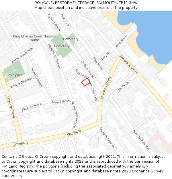 POLAWNE, RESTORMEL TERRACE, FALMOUTH, TR11 3HW: Location map and indicative extent of plot