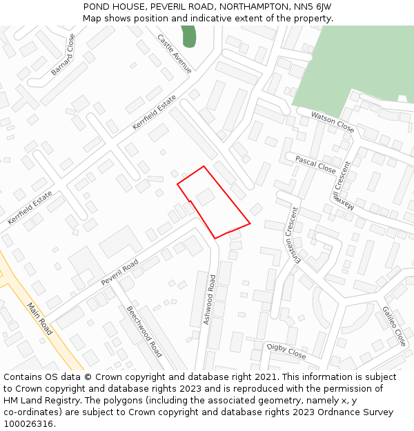 POND HOUSE, PEVERIL ROAD, NORTHAMPTON, NN5 6JW: Location map and indicative extent of plot