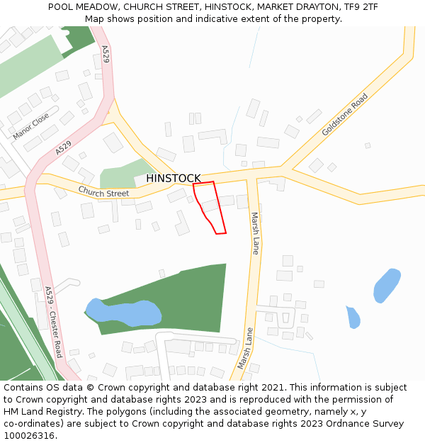 POOL MEADOW, CHURCH STREET, HINSTOCK, MARKET DRAYTON, TF9 2TF: Location map and indicative extent of plot