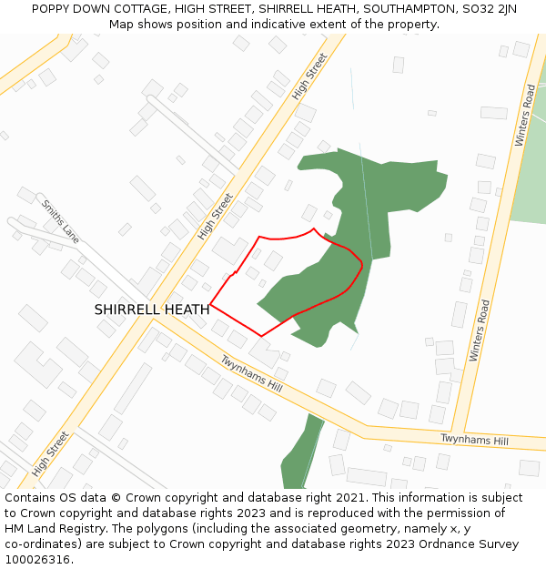 POPPY DOWN COTTAGE, HIGH STREET, SHIRRELL HEATH, SOUTHAMPTON, SO32 2JN: Location map and indicative extent of plot
