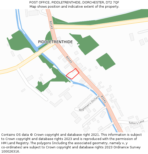 POST OFFICE, PIDDLETRENTHIDE, DORCHESTER, DT2 7QF: Location map and indicative extent of plot