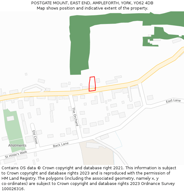 POSTGATE MOUNT, EAST END, AMPLEFORTH, YORK, YO62 4DB: Location map and indicative extent of plot