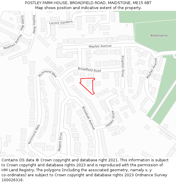 POSTLEY FARM HOUSE, BROADFIELD ROAD, MAIDSTONE, ME15 6BT: Location map and indicative extent of plot